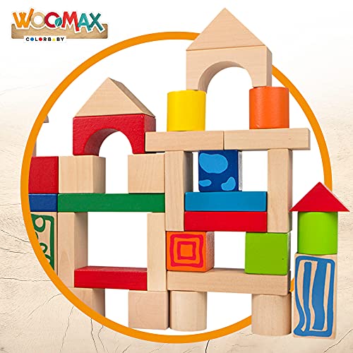 WOOMAX - Piezas madera construcción niños, Bloques construcción madera, 50 piezas madera, madera 100% sostenible y biodegradable, Juegos de construcción, +18 meses (40994)