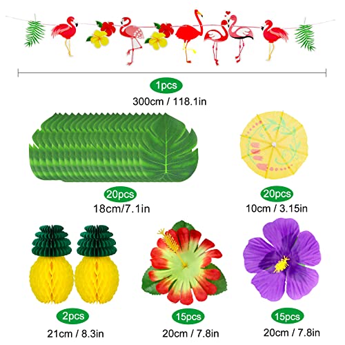 Yojoloin 128 Pcs Hawaiano Luau Falda de mesa Set de decoración,de fiesta tropical de 9.6FT con hojas de palma Flores hawaianas Paraguas y pajitas de Fruta decoraciones de mesa de fiesta Tiki de verano