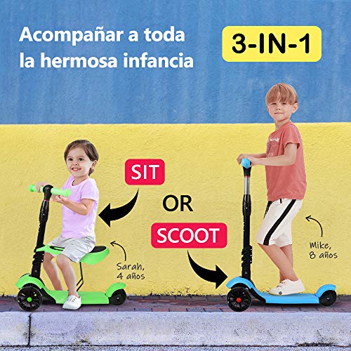 YOLEO Patinete para Niños 3-en-1, Scooter 3 Ruedas LED Parpadeantes, Scooter para Niños con Manillar Ajustable Asiento Extraíble de 2 a 8 años, Carga Máxima de 75 kg (Rosa)
