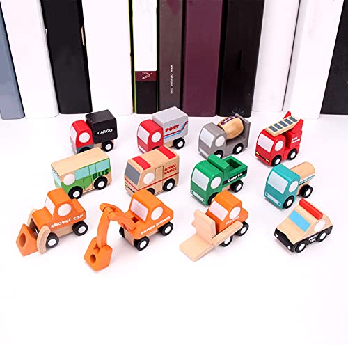 Zerodis 12 Piezas Juguete de vehículos, Madera Dibujos Animados Modelo de camión volquete Excavadora Coche de Juguete Aprendizaje temprano educativos Regalos para niños