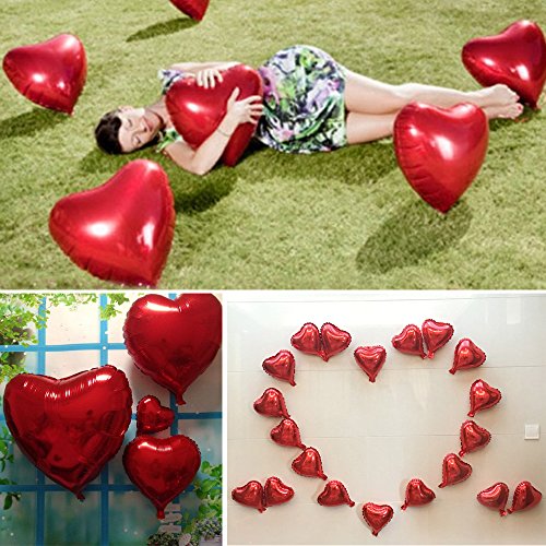 20 x Globos Metalicos de Corazón Rojo Helio para Boda Fiesta Amor 45cm (20pcs*18in) con Cintas