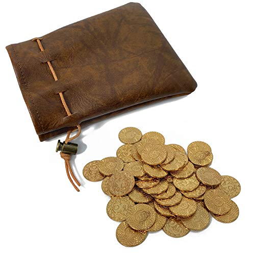 50 D&D Fantasy Metal Gold Coins y Estuche de Euero para Dungeons & Dragons Novedosos Juegos de Mesa de rol de Mesa Fichas Monedas del Tesoro para Fiestas Juegos de Mesa Accesorios Complementos Juego