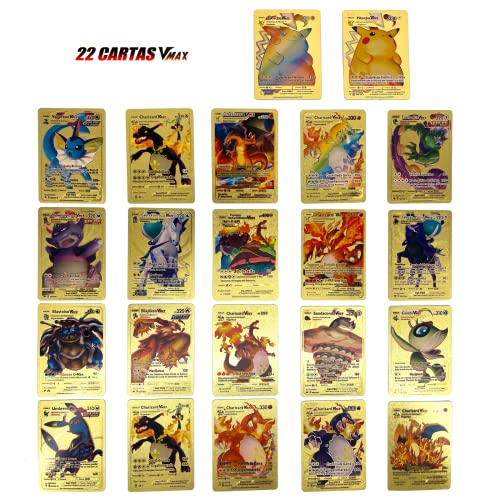 55 Cartas Pok Español Metalica Dorada Coleccionable Pikachu,Charizar, Mew, Mewtwo, V, VMAX, DX, GX para Niños y Adultos