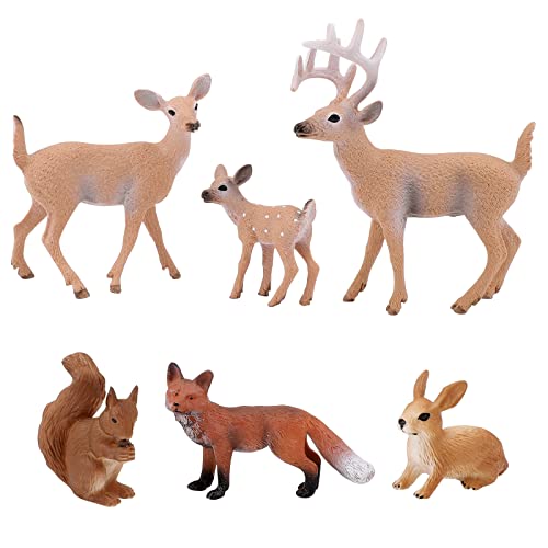 6 piezas figuras de animales del bosque,Modelo de acción realista del conejo de la ardilla del zorro del ciervo,Mini animales juguetes conjunto,Decoración de la magdalena del cumpleaños para los niños