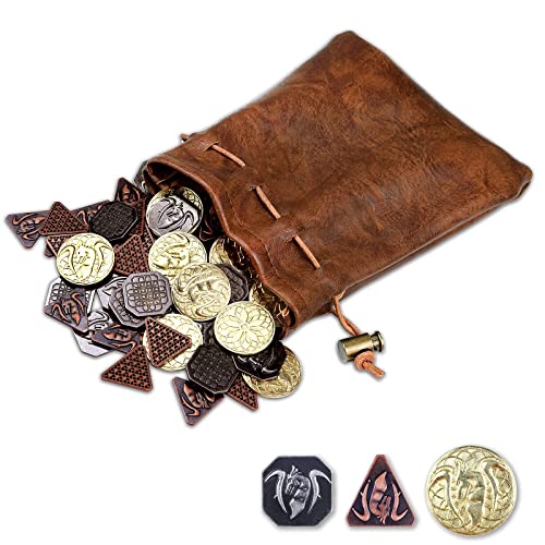 60 monedas DND con bolsa de cuero, monedas de oro, plata y cobre en monedas de metal, monedas de fantasía para juegos de mesa, monedas para fichas de juegos, monedas de rol de mazmorras y dragones