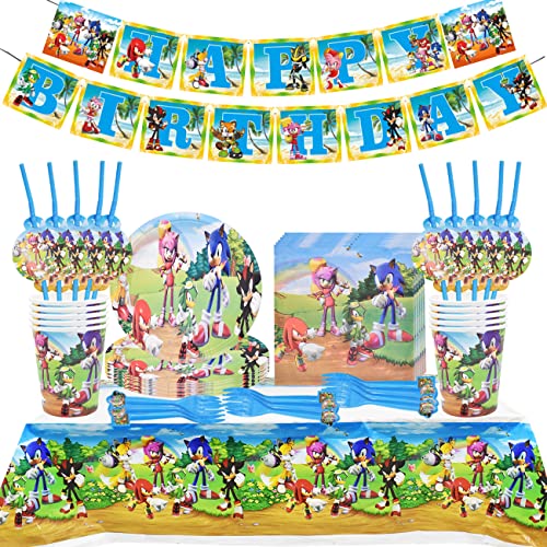 62 Piezas Juego de Vajilla de Sonic para Fiesta de Cumpleaños, Decoraciones de Cumpleaños Para Niños, Juegos de Artículos Para Fiesta Platos Tazas Servilletas para Sonic Party Supplies