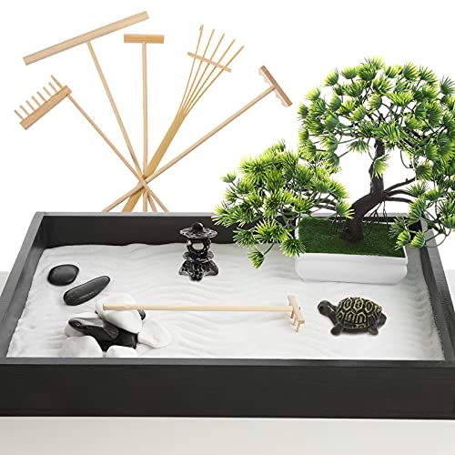 9 Piezas Herramientas de Rastrillo de Jardín Zen Mini Arenero de Jardín Zen Kit de Jardín Zen de Escritorio de Bambú Accesorios de Mini Jardín Zen con Figuritas para Padres Mediación