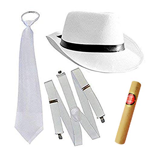 Al Capone Mafia Gangster Gorra + Lazo + Tirantes - 20s Disfraz para Mujer y Hombre Carnaval (Blanco)
