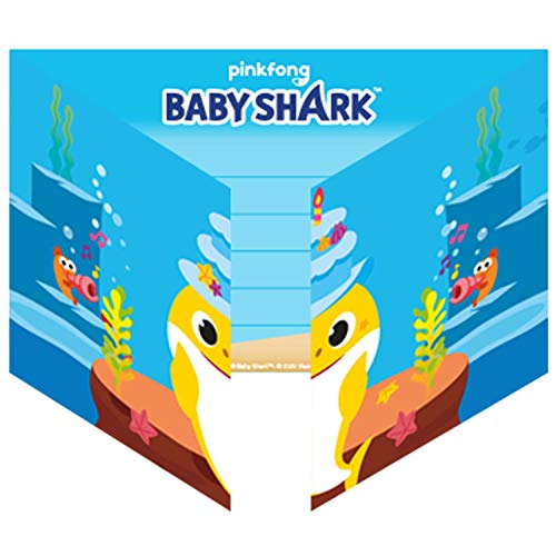 Amscan 9908481 – Invitaciones Baby Shark con sobres, 8 unidades, tarjetas plegables con divertido diseño de tiburón y sobres a juego, cumpleaños infantiles