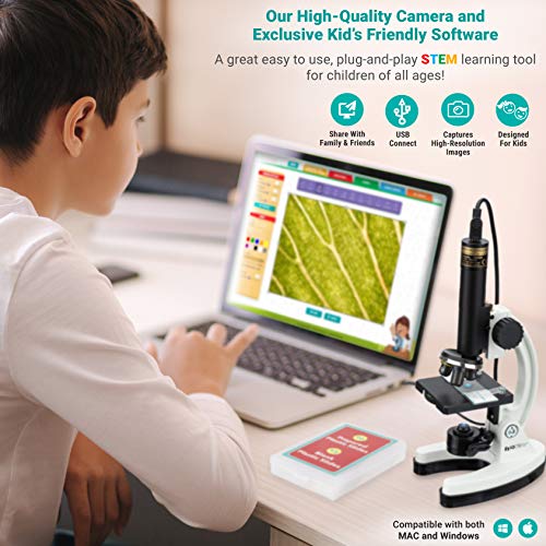 AmScope - IQCREW de 120X - 1200X Kit Premium para microscopio Stem de 85+ Piezas para niños con cámara a Color, Software Interactivo para niños - M40-K-MDM35