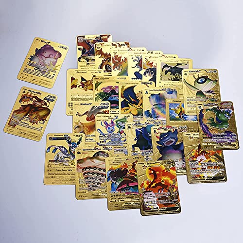 AMYZS-KK Paquete de 54 cartas de metal Charizard Vmax con diseño de dibujos animados, metal chapado en oro, ultrabrillantes, arcoíris, cartas Vmax coleccionables, para coleccionistas (doradas)