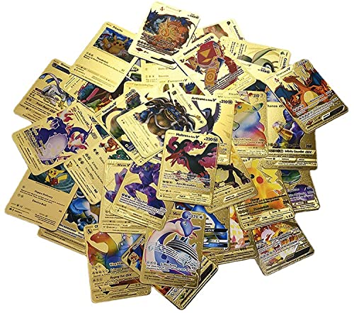 AMYZS-KK Paquete de 54 cartas de metal Charizard Vmax con diseño de dibujos animados, metal chapado en oro, ultrabrillantes, arcoíris, cartas Vmax coleccionables, para coleccionistas (doradas)