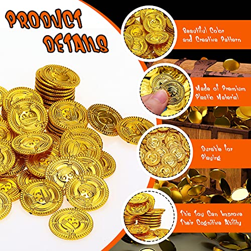 Aoriher 50 Monedas de Plástico Moneda de Pirata de Niños Moneda Falsa de Tesoro Pirata Moneda de Cofre de Búsqueda de Tesoro Pirata para Niños (1 x 1 x 0,07 Pulgadas, Oro)