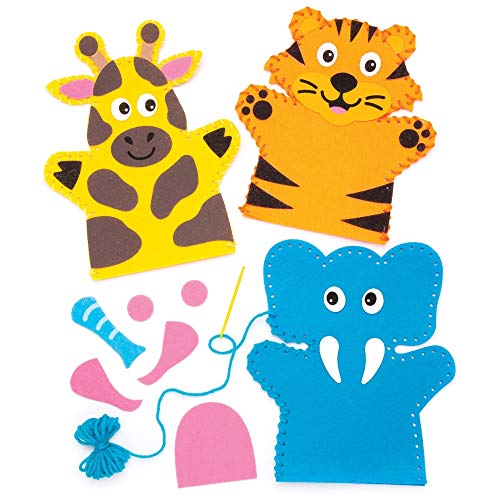 Baker Ross- Kits de costura de marionetas con animales de la jungla (Pack de 4), Actividad de manualidades infantiles con piezas de fieltro para coser