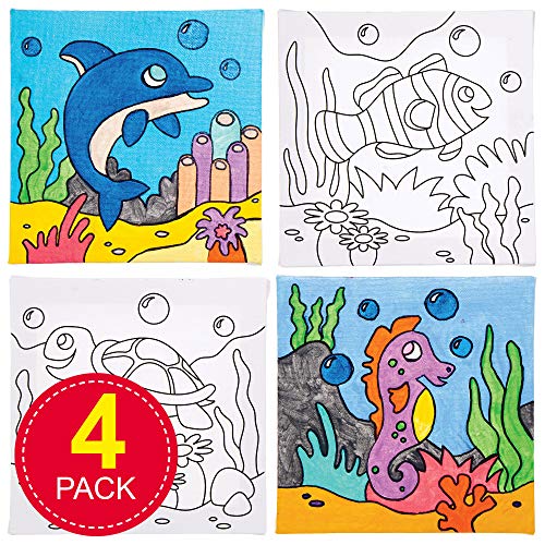 Baker Ross Lienzos Vida Marina para Colorear AT940 (paquete de 4) para proyectos de arte y manualidades para niños, surtidos