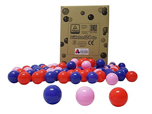 Bällebad24 - 200 bolas para piscina de bolas, mezcla de color rojo, rosa y lila, calidad de juego, certificado TÜV probado