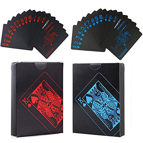 Baraja Poker Plastico Negro Barajas de Cartas de Póquer Cartas Poker de Plastico Tarjetero Negro 54+54 Hojas se Utiliza para Fiestas y Juegos Familiares Navidad Halloween 1 Rojo+1 Azul 2 Piezas