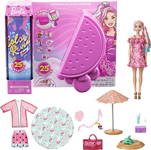 Barbie Color Reveal con espuma Sandía, muñeca sorpresa con vestido y accesorios de moda de verano de juguete (Mattel GTN19)