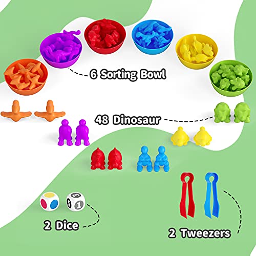 BBLIKE Montessori - Juego de 58 juguetes de dinosaurios para contar matemáticas Montessori con cuenco, dados, pinzas, juguete para niños de 3, 4, 5 años
