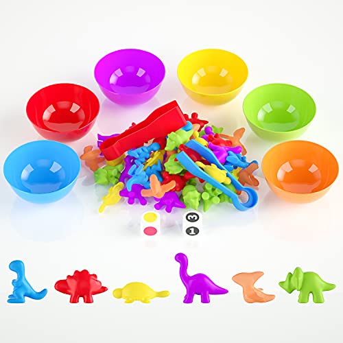 BBLIKE Montessori - Juego de 58 juguetes de dinosaurios para contar matemáticas Montessori con cuenco, dados, pinzas, juguete para niños de 3, 4, 5 años