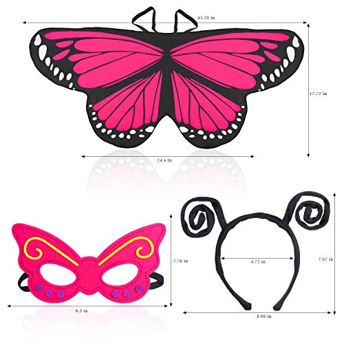 Beelittle Traje de alas de mariposa Juego de disfraces de 3 piezas Conjunto de alas de mariposa Mantón de cabo con diadema de antena y máscara (Rosa roja)