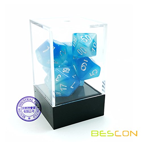 Bescon Gemini, Juego de 7 Dados Poliédricos Brillantes, en Formas de Piedras Congeladas, D4 D6 D8 D10 D12 D20 D%, Caja de Embalaje de Ladrillo