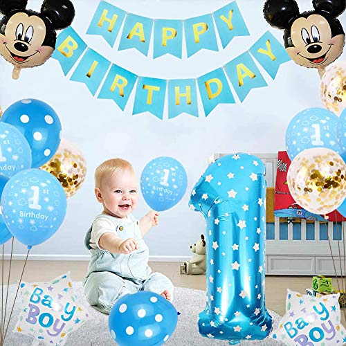 BESTZY Decoraciones de Cumpleaños de Mickey 1er Cumpleaños Bebe Azul Globos Decoraciones de Fiesta Temática Azul de Mickey Globos de Confeti de Latex Boy