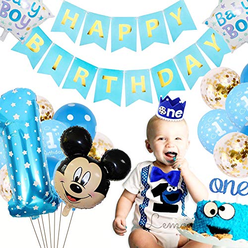 BESTZY Decoraciones de Cumpleaños de Mickey 1er Cumpleaños Bebe Azul Globos Decoraciones de Fiesta Temática Azul de Mickey Globos de Confeti de Latex Boy