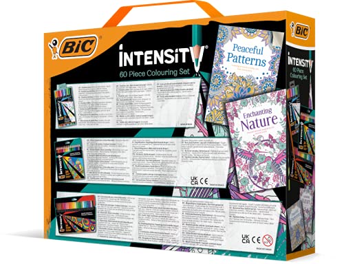 BIC Intensity - Juego de 60 colores para adultos con puntas de fieltro, forros finos, lápices para colorear y 2 libros para colorear