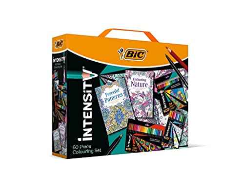 BIC Intensity - Juego de 60 colores para adultos con puntas de fieltro, forros finos, lápices para colorear y 2 libros para colorear