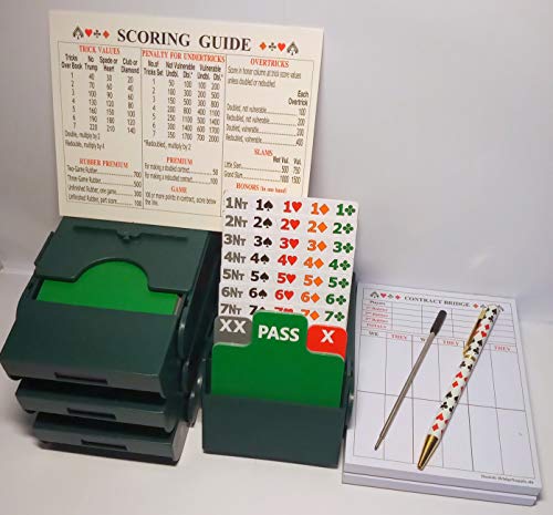 Bid Pal Juego de 4 cajas de puja Bridge (verde) + 200 páginas de puntuación + guía de puntuación + bolígrafo + recarga