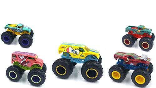Big N' Monster Wheels Character Action Jam Squarepants 5-Pack Official Pickup Bundle + Spongebob Yellow Bubble bash / Patrick Star / Squidward / Mr. Krabs / Plankton Die-Cast 5 Items Bundle