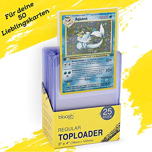 blaash® Toploader Set | 2 x 25 fundas | 3 x 4 pulgadas | doble protección para todo tipo de cartas de juego y coleccionables como Pokémon, YuGiOh, MTG, Match Attax | protección extra transparente