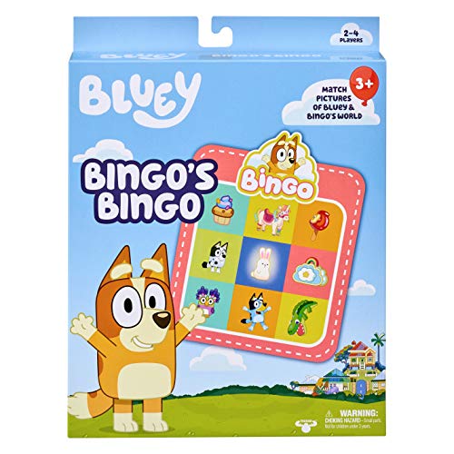 Bluey Juego de Cartas de Bingo de Bingo: 4 Tarjetas de Bingo de Doble Cara, 48 fichas de Bingo, 12 fichas de anotación de Bingo y 36 Tarjetas de Llamadas Oficial de Bluey Merchandise