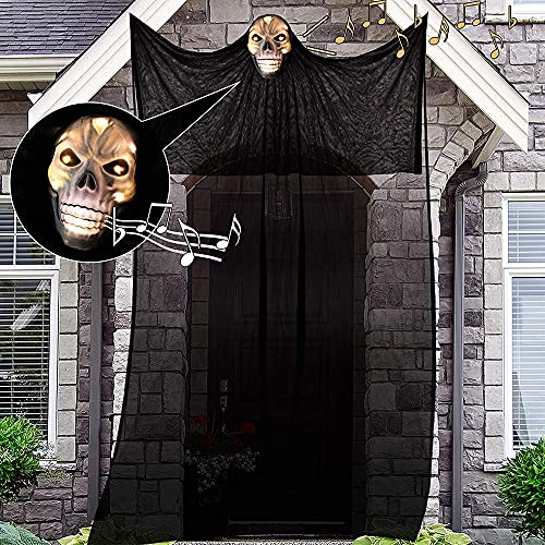Bseical Halloween Decoracion - Fantasma Colgante, Calavera con Sonidos Luminosos y de Terror, Negro