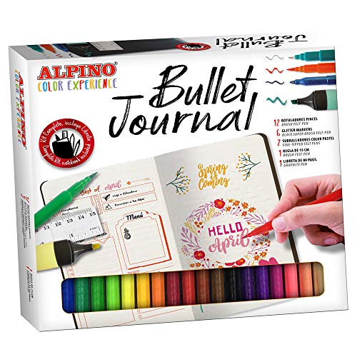 Bullet Journal Alpino - Kit Completo - Incluye 12 Rotuladores Alpino Doble Punta (Punta Fina 0,7mm y Punta Pincel de 2,9 mm), 2 Marcadores Pastel, 6 Rotuladores con Efecto Purpurina,1 regla