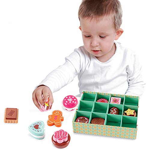 Caja de galletas de madera - Juego de caja de galletas (12 piezas) - Juguete de madera Playfood para niños - Comida falsa para niños - Presentado en una caja con tapa - Comida de madera para juguetes