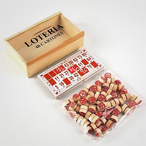 Caja de Juego de Lotería de Madera con 48 Cartones Multicolor y 90 Fichas de Madera del número 1 -90 a Doble Cara.