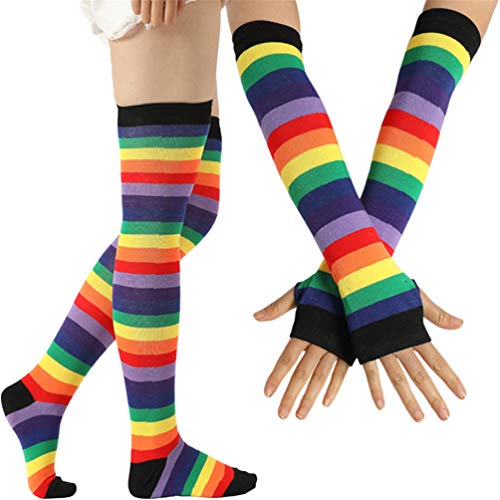 Calcetines altos y guantes sin dedos de punto para mujer, con diseño de rayas multicolor, ideales como accesorios para disfraz