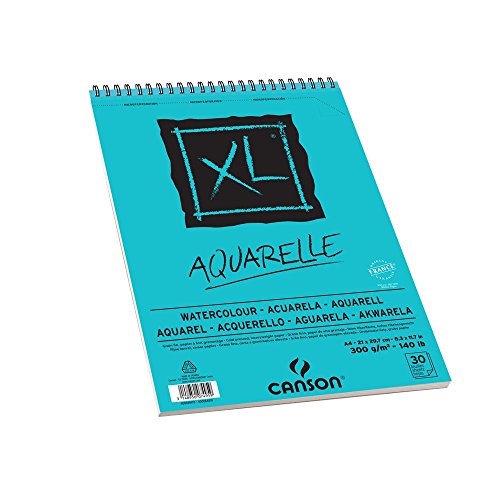 Canson XL Aquarelle Cuaderno de papel para dibujo, con espiral superior, 30 hojas, grano fino, 300 g, A4, color blanco – Lote de 2