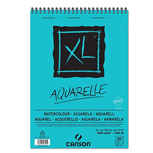 Canson XL Aquarelle Cuaderno de papel para dibujo, con espiral superior, 30 hojas, grano fino, 300 g, A4, color blanco – Lote de 2