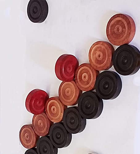 Carrom Board Coins and Striker Juego profesional sólido de damas de madera con cresta apilable (24 piezas de cartón con cubierta/funda + 1 Striker color aleatorio) - Blanco/Rojo/Negro