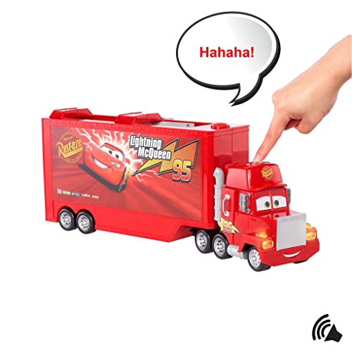 Cars Camión Mack Track Talkers Coche de juguete con sonidos, almacena 2 vehículos, juguete para niños +3 años (Mattel GYK60)