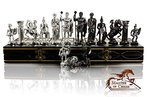 Chrome Spartan Chess Set 16" Wooden Chess Board with Ornaments and Weighted Chrome Plastic Pieces (Spartan Silver)