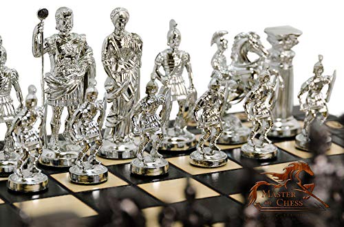 Chrome Spartan Chess Set 16" Wooden Chess Board with Ornaments and Weighted Chrome Plastic Pieces (Spartan Silver)