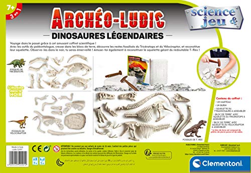 Clementoni- Archéo Ludic - Juego científico de Dinosaurios legendarios - Kit fósiles - Fabricado en Italia - versión Francesa, 7 años en adelante, Multicolor (52491)