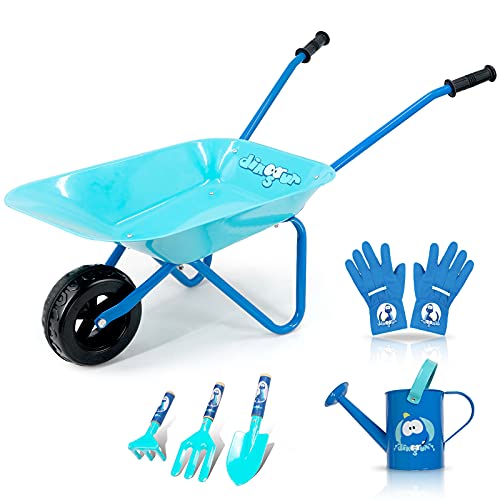 Colwelt Carretilla de metal para niños, 6 unidades, carretilla para niños, juego de jardinería con regadera de metal, pala, rastrillo, tenedor y guantes para niños (azul)