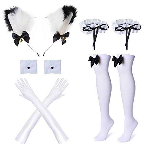 Conjunto de guantes de oreja de gato peludo con diseño de lolita de anime, Negro-blanco, Large