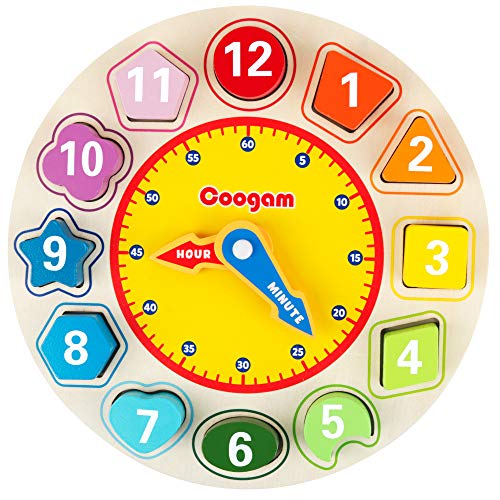 Coogam Reloj de Aprendizaje Wood Shapes - Tiempo de enseñanza Bloques de números Apilador Clasificador Montessori Puzzle Aprendizaje temprano Juguete Educativo Regalo