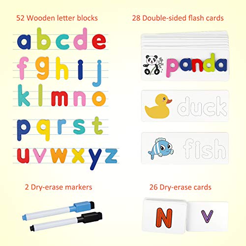 Coogam Ver Brinquedo de Aprendizagem de Ortografia, Cartões de Flash correspondentes com Letras de Cor de Madeira Presente de aprendizagem Infantil pré-Escolar da ABC Alphabet Games(108PCS)